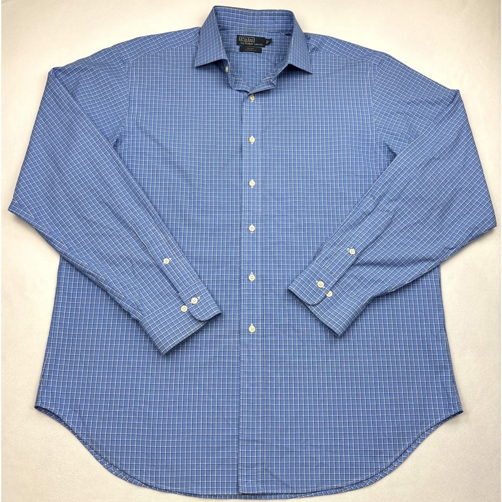 Polo Ralph Lauren Shirt Mens 17.5 36 37 Blue Plaid Regent Classic Fit Dress
